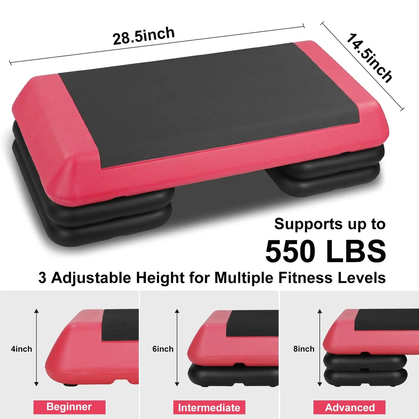 for adjustable Red Aerobic Step Platform with 4 Risers - Fitness Stepper for Home Workouts & Gym Training