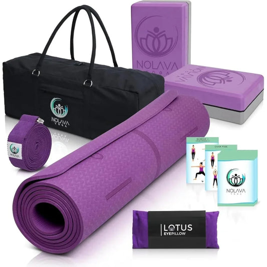 NOLAVA Yoga Mats Complete Sets TPE Non Slip Eco Friendly/Includes Mat Blocks Strap More 6pc or 7pc Sets Ideal for Pilates Yoga