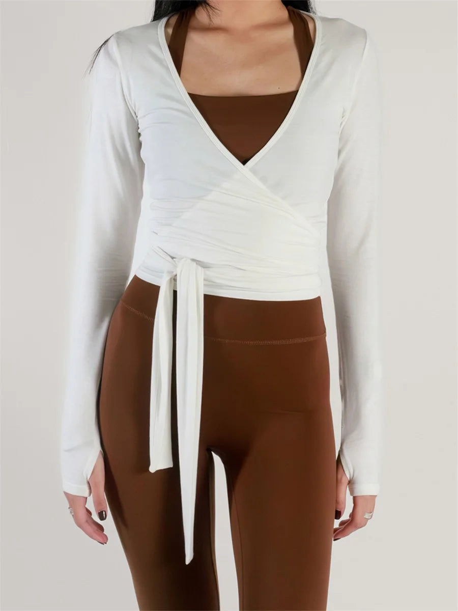 Women s Ballet Wrap Tops Solid Stylish V Neck Long Sleeve/Workout T-Shirt for Yoga and Pilates Practice