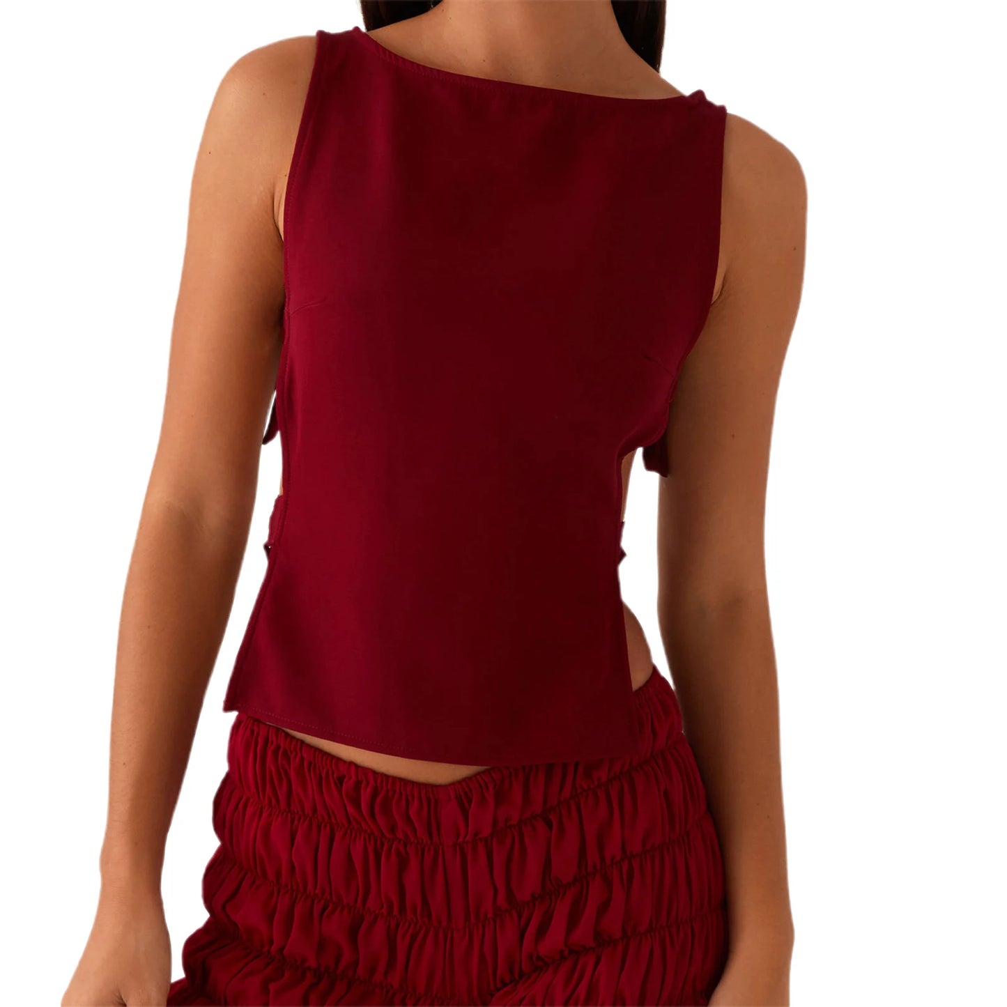 Women s Sleeveless Boat Neck Tank Tops/with Side Buckle Detail Solid Color Fit Vest for Summer Style