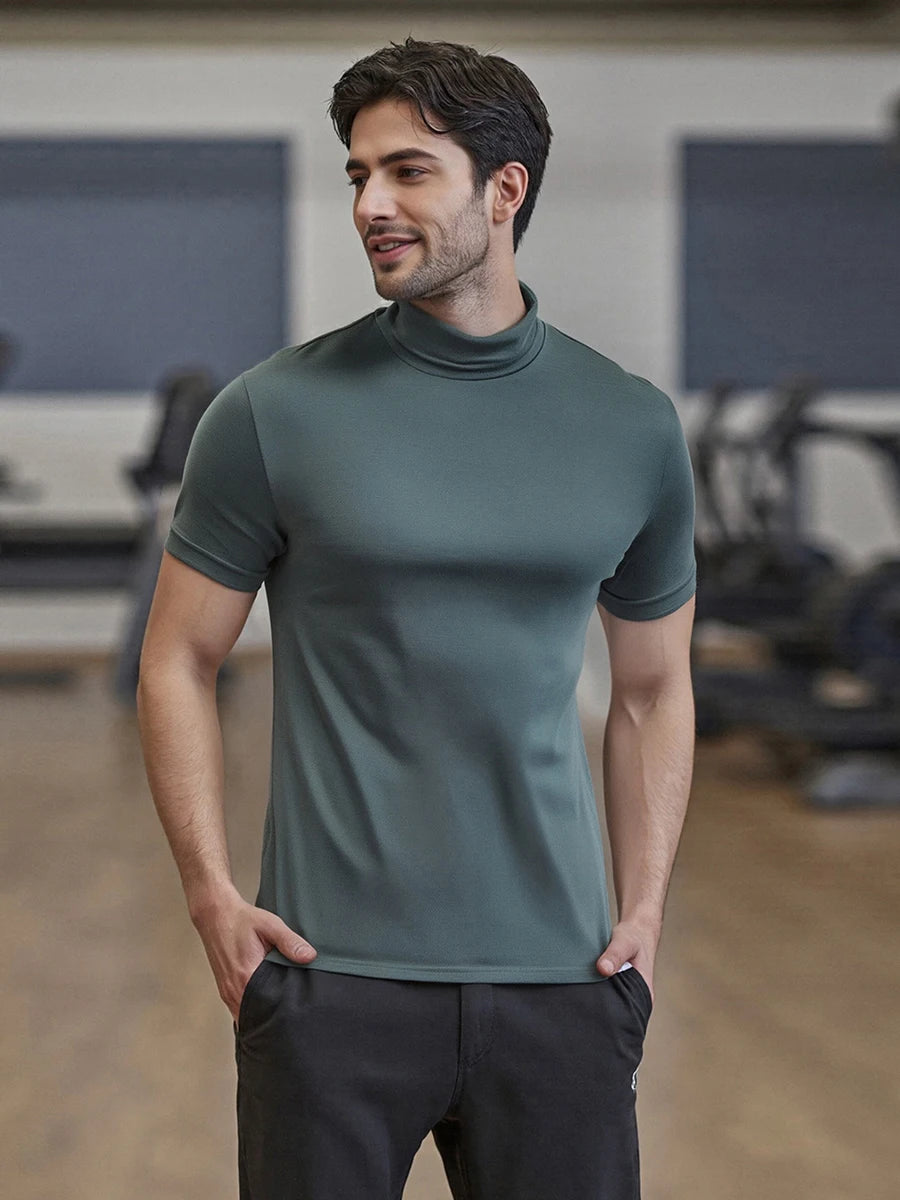 Men s Casual Short Sleeve T-Shirt Fit Solid Color High Neck Summer/Basic Tee Simple Tops for Everyday Wear