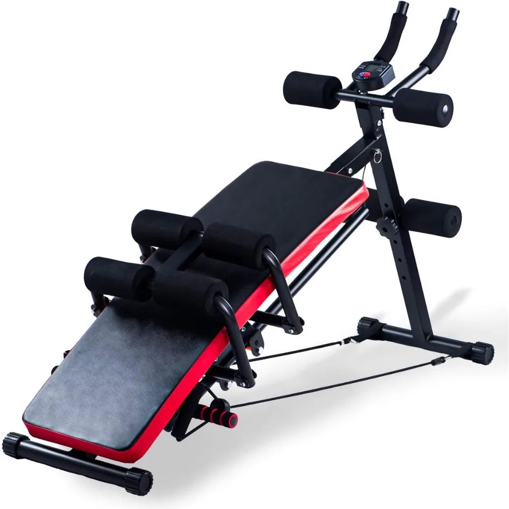 Abs workout machine, core abs workout equipment/adjustable sit-ups, collapsible, resistance band and LCD display