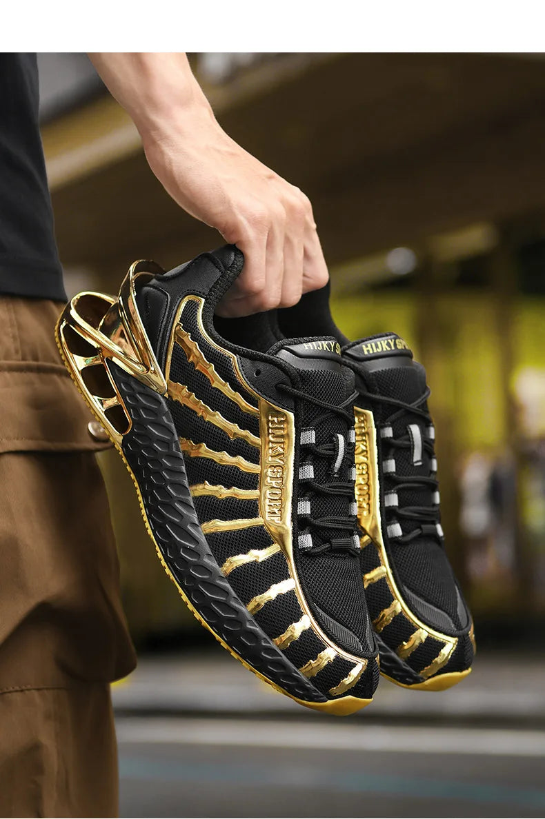 Men's air cushioned road running shoes, breathable weaving lightweight/and fashionable walking sports shoes, gold and silver