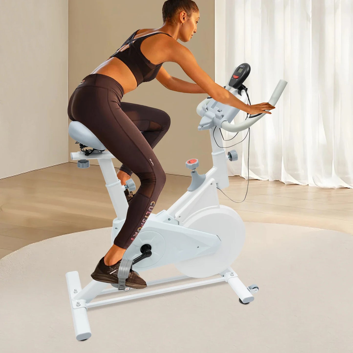 Indoor Fitness Bike White Exercise Bike Wool Pad Silent Braking/Adjustable Seat/Handle LCD Display, 80kg Capacity