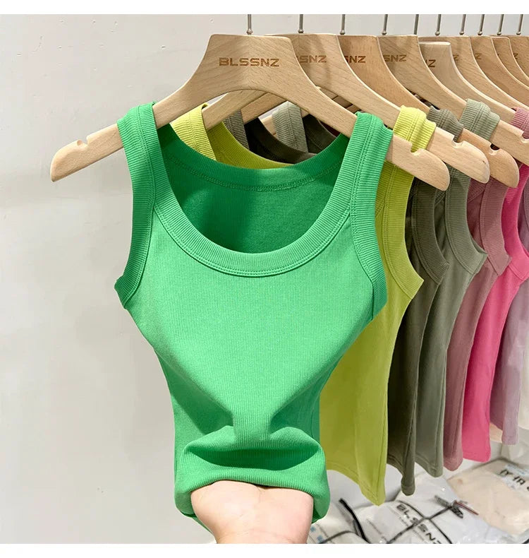zjaiss Women Solid Round Neck Ribbed Tank Top Camisole Women/Summer Basic Elastic Tank Top O Neck Solid Tank Top
