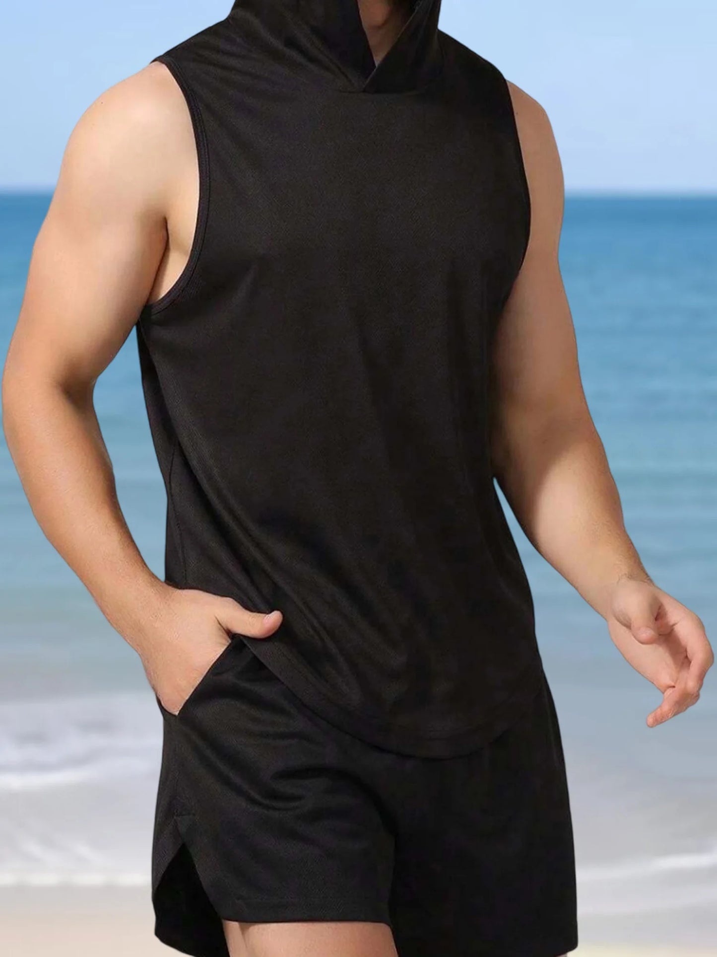 Men s Sleeveless Hooded Workout Tank Top Solid Color Athletic/Gym Vest for Bodybuilding and Summer Fitness Training