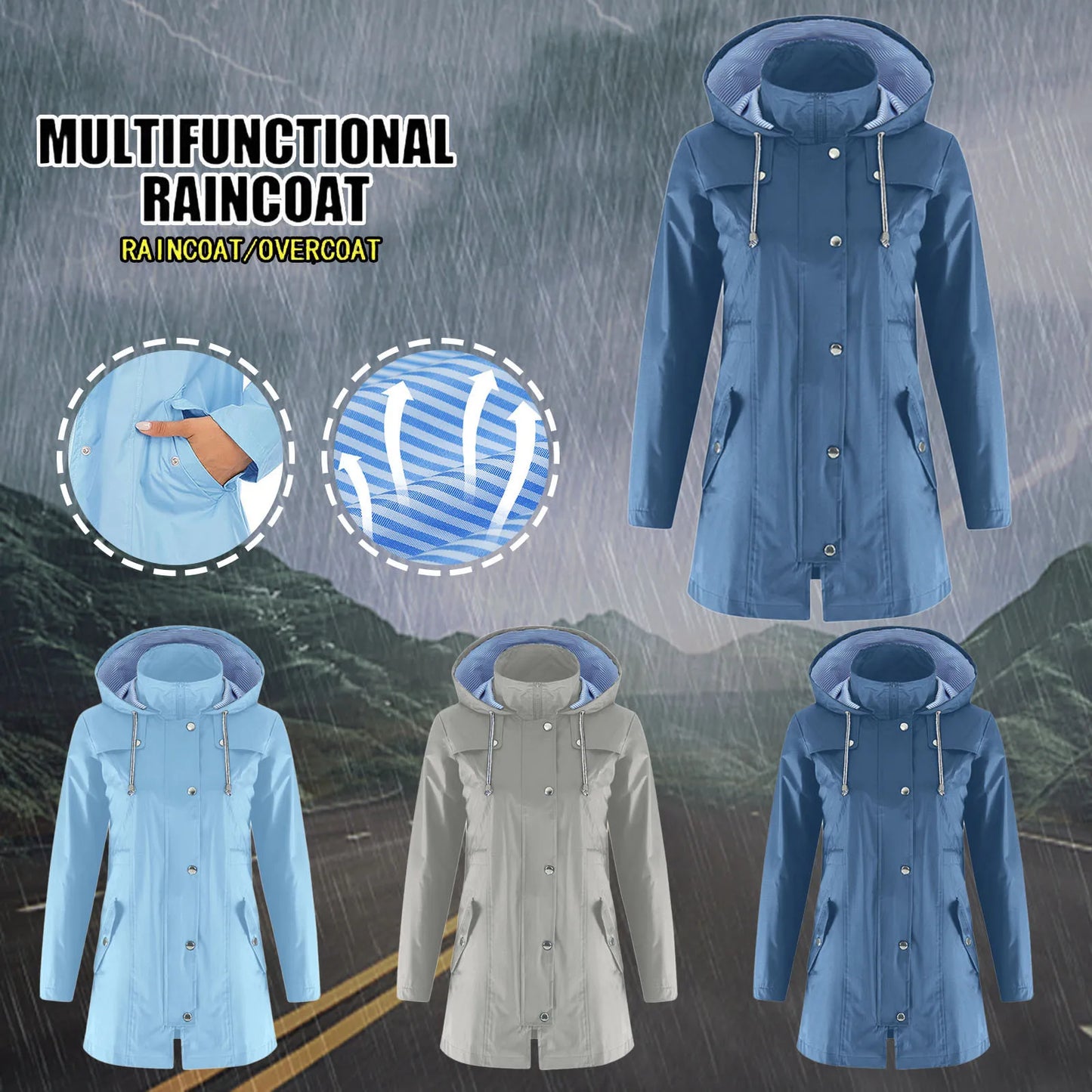 Women's Casual Lightweight Raincoat/Solid Color Long Hooded Outdoor Windbreaker
