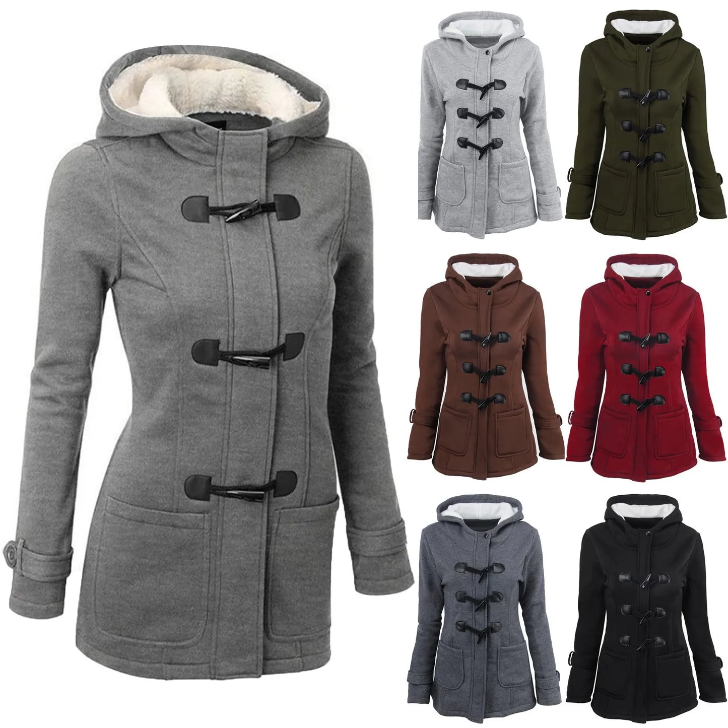 Women's Fashion Jacket Horn Button Fleece Thicken Coat With Hood/Winter Warm Jacket Women Loose Windbreaker Jackets