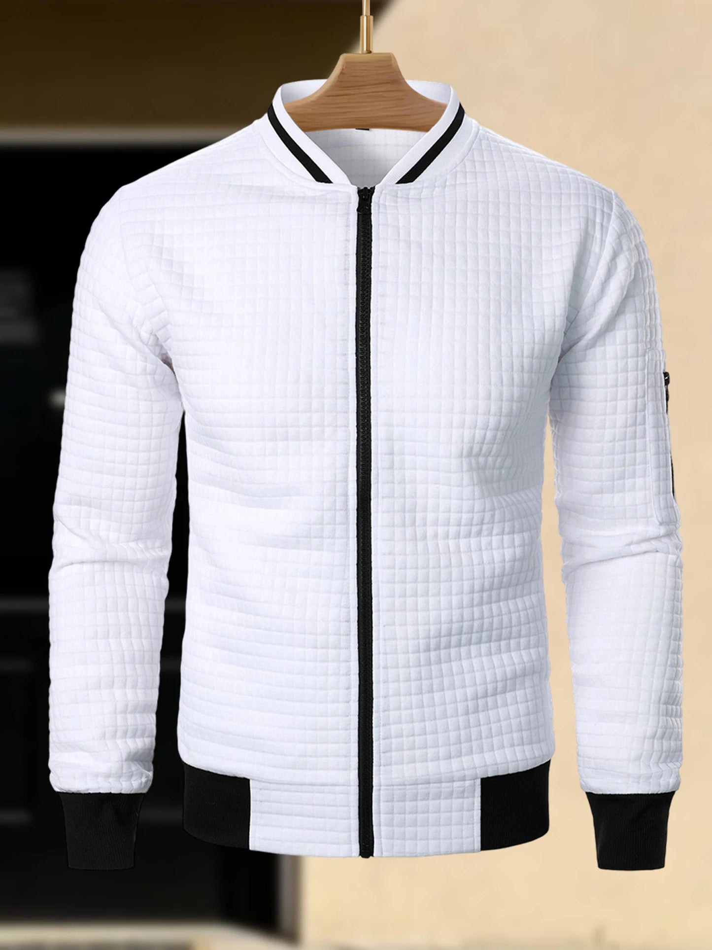 Men s Casual Fit Zipper Up Lightweight Stand Collar Jacket/Spring Fall Coat with Contrast Color Detail