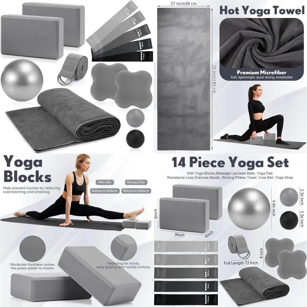 14 Pcs Yoga Kits for Home Workouts Pilates Equipment Set for Women/Beginners Include Hot Yoga Towel Blocks Strap, Knee Pad