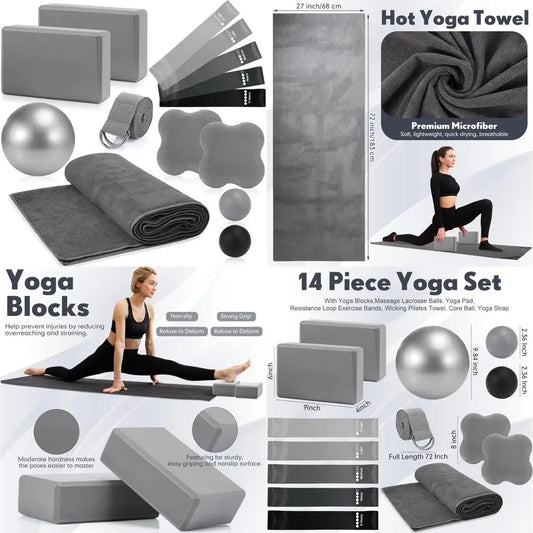 14 Pcs Yoga Kits for Home Workouts Pilates Equipment Set for Women/Beginners Include Hot Yoga Towel Blocks Strap, Knee Pad