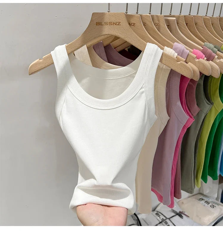 zjaiss Women Solid Round Neck Ribbed Tank Top Camisole Women/Summer Basic Elastic Tank Top O Neck Solid Tank Top