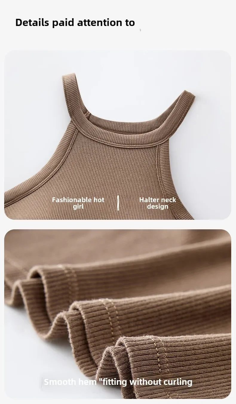 Threaded Halter Neck Camisole Top With Build-in Bra High Elastic/Slim-fitting Sling Fixed Cup Breathable Women Tank top