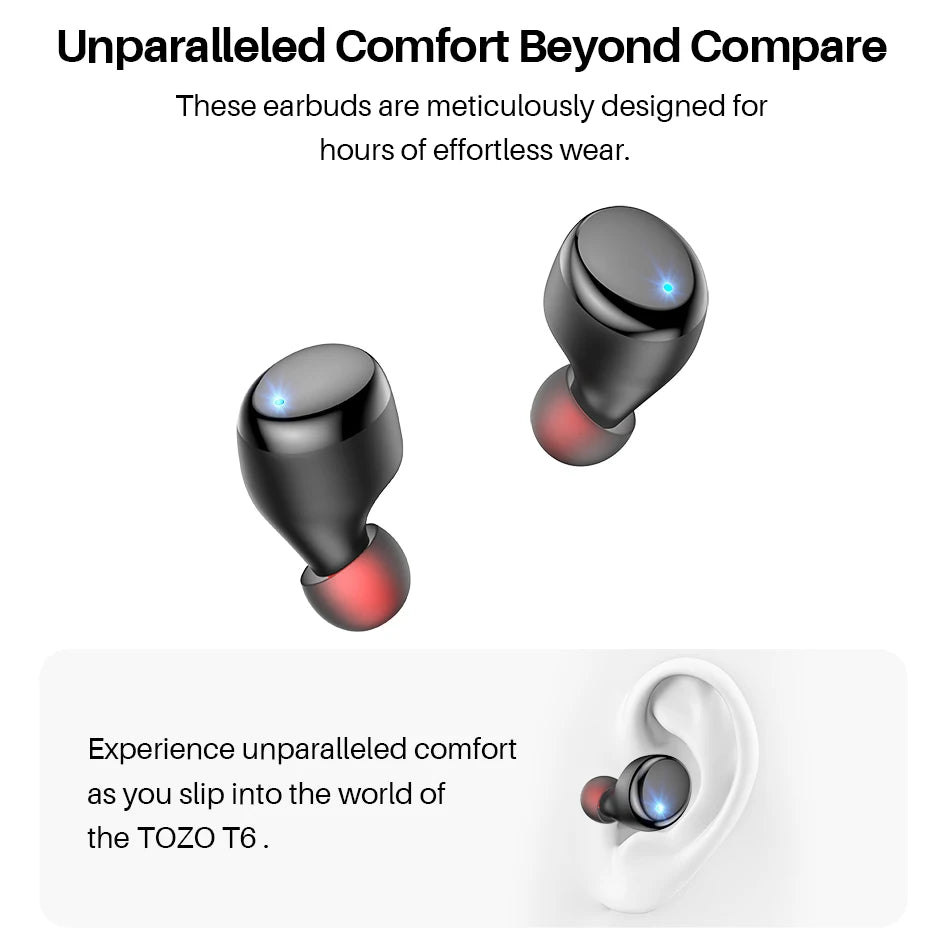 TOZO T6 mini Ergonomic Wireless Earbuds Bluetooth 5.3 TWS Headphones/in-Ear Headset IPX8 Waterproof 50Hrs Playtime