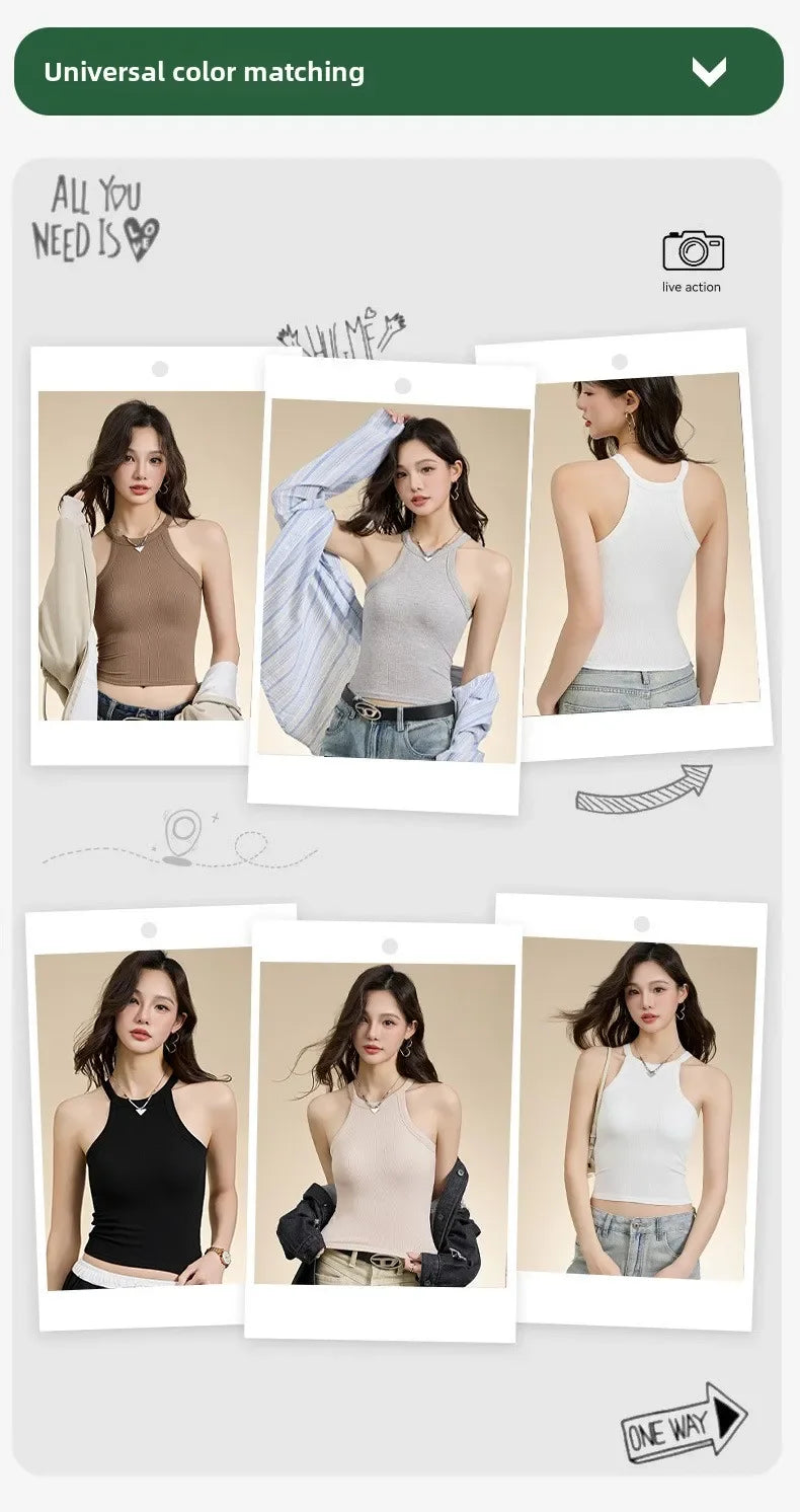 Threaded Halter Neck Camisole Top With Build-in Bra High Elastic/Slim-fitting Sling Fixed Cup Breathable Women Tank top