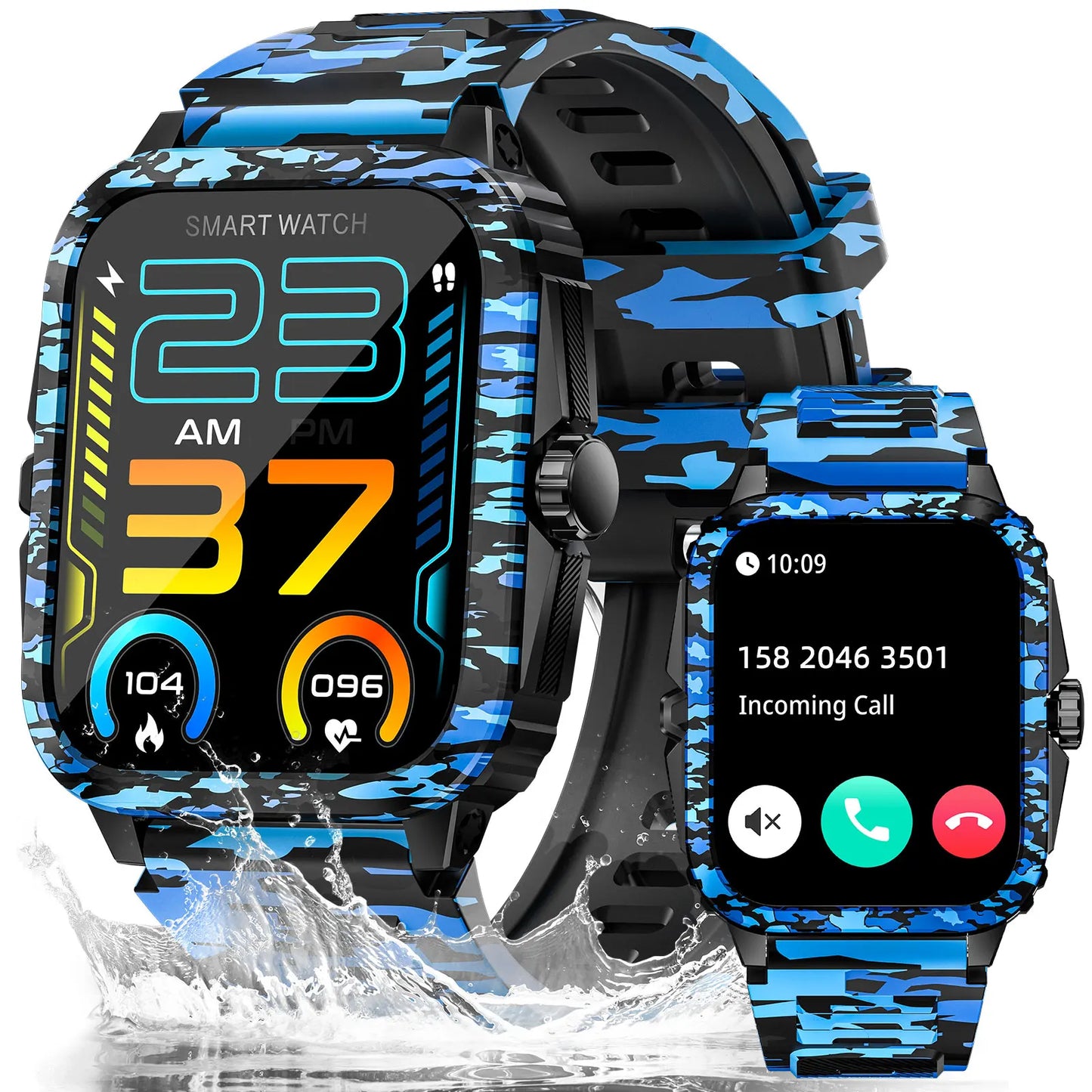 LaNikar Smart Watch 3ATM Waterproof Men 1.96" KT71 Fitness/Tracker Heart Rate Bluetooth Call Camouflage Color Original Design