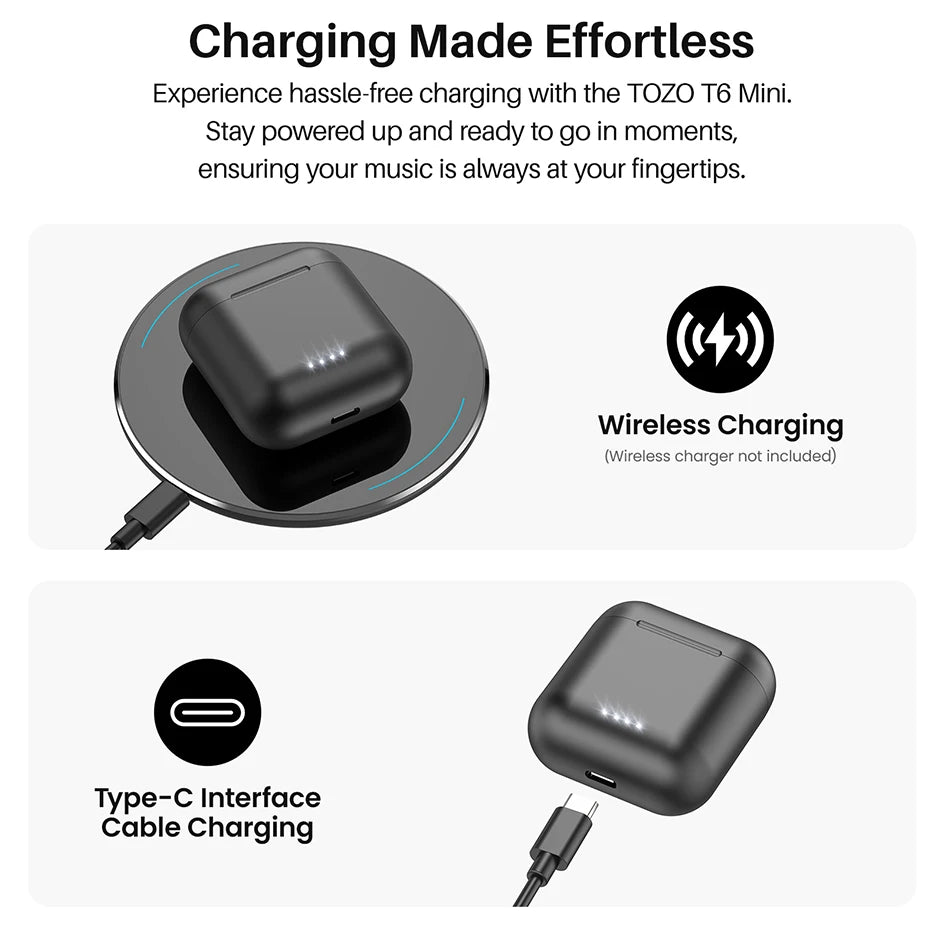 TOZO T6 mini Ergonomic Wireless Earbuds Bluetooth 5.3 TWS Headphones/in-Ear Headset IPX8 Waterproof 50Hrs Playtime
