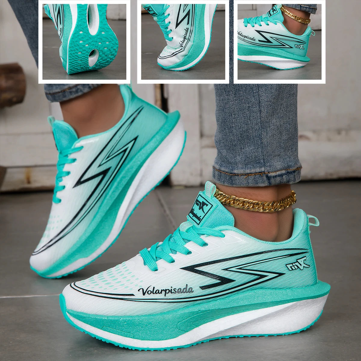 Women Gradient Lightning Print Running Sneakers Breathable/Flying Weave Mesh Light Cushion Non Slip Shock Absorb Athletic Shoes