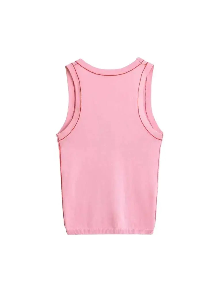 Women's Sleeveless Knit Tank Tops V Neck/Contrast Trims Female Vest Fashion