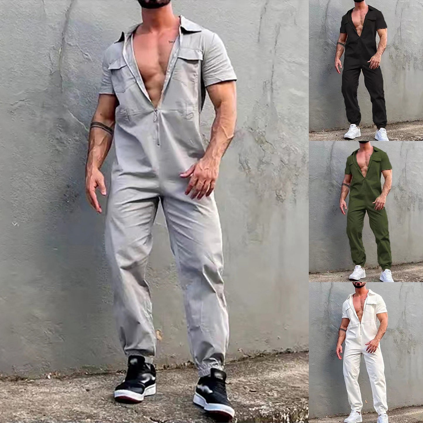 Men'S Casual Jumpsuit Zip Up Sports Trousers Belt Overalls Jumpsuit Summer Suit Soild Clothing For Men Loose Streetwear Hombre