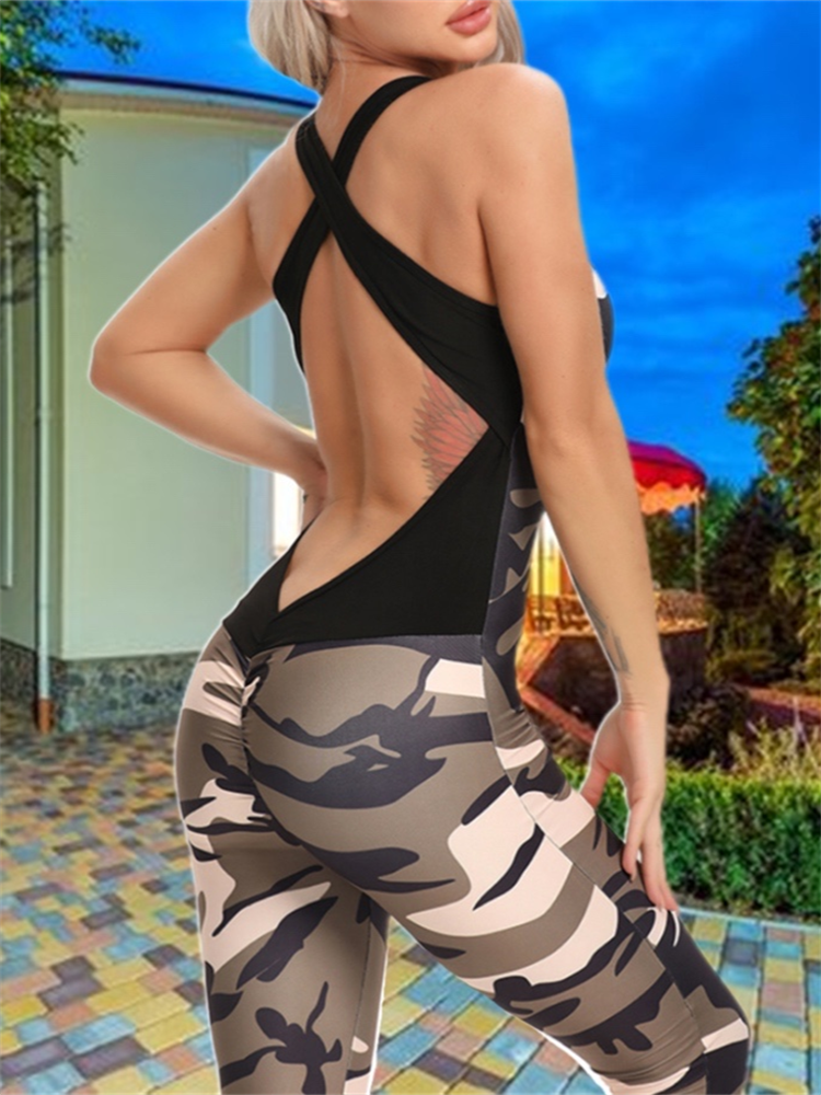 Women Sports Jumpsuit Camouflage Sleeveless/Sexy Backless Fitness Tracksuit