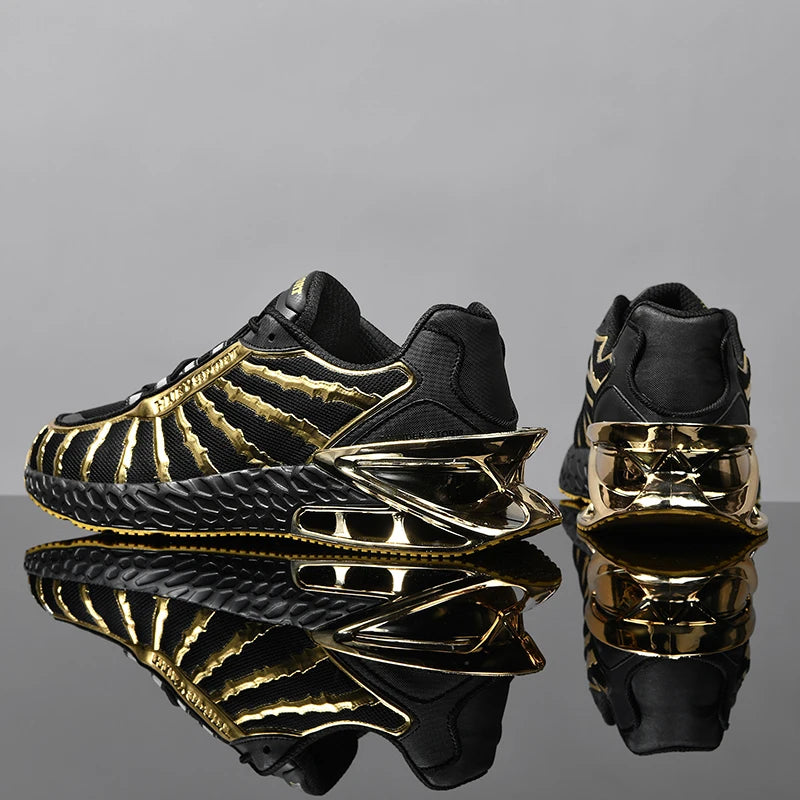 Men's air cushioned road running shoes, breathable weaving lightweight/and fashionable walking sports shoes, gold and silver