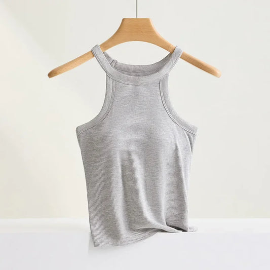 Threaded Halter Neck Camisole Top With Build-in Bra High Elastic/Slim-fitting Sling Fixed Cup Breathable Women Tank top