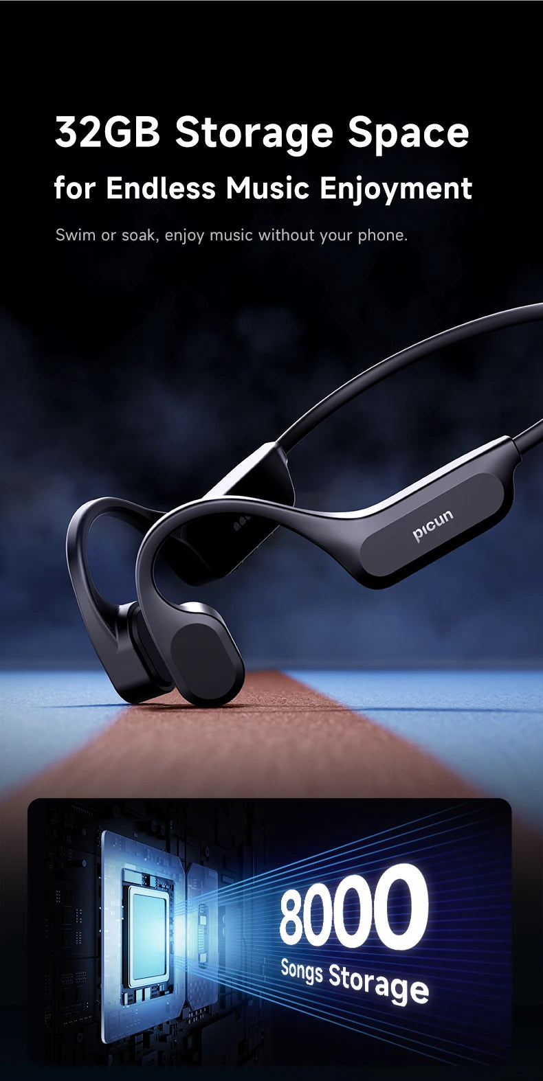 Picun T2 Bone Conduction Earphone IPX8 32GB Bluetooth 5.4 Wireless Headset/Hands-free with Mic Waterproof Earbud for Swimming