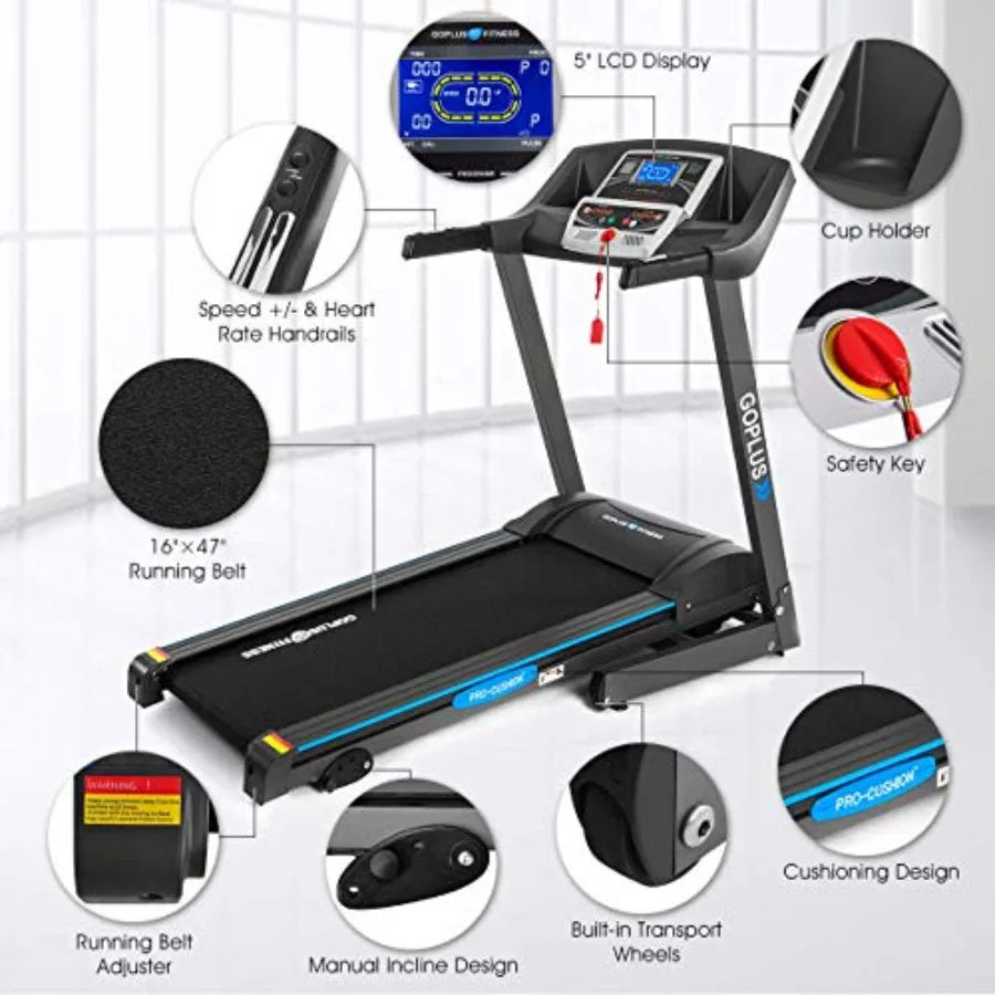 2.25HP Electric Folding Treadmill with Incline, Walking Running Jogging/Fitness Machine with Blue Backlit LCD Display for Home