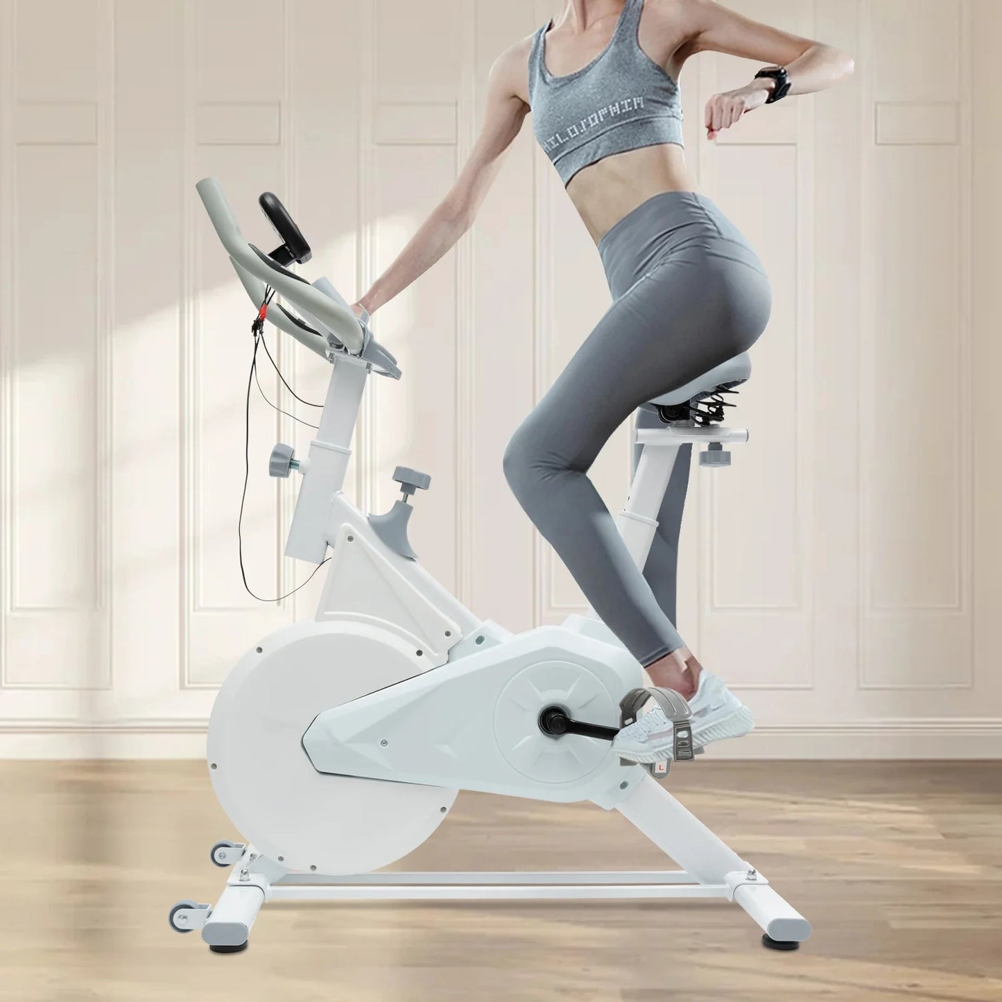 Indoor Fitness Bike White Exercise Bike Wool Pad Silent Braking/Adjustable Seat/Handle LCD Display, 80kg Capacity