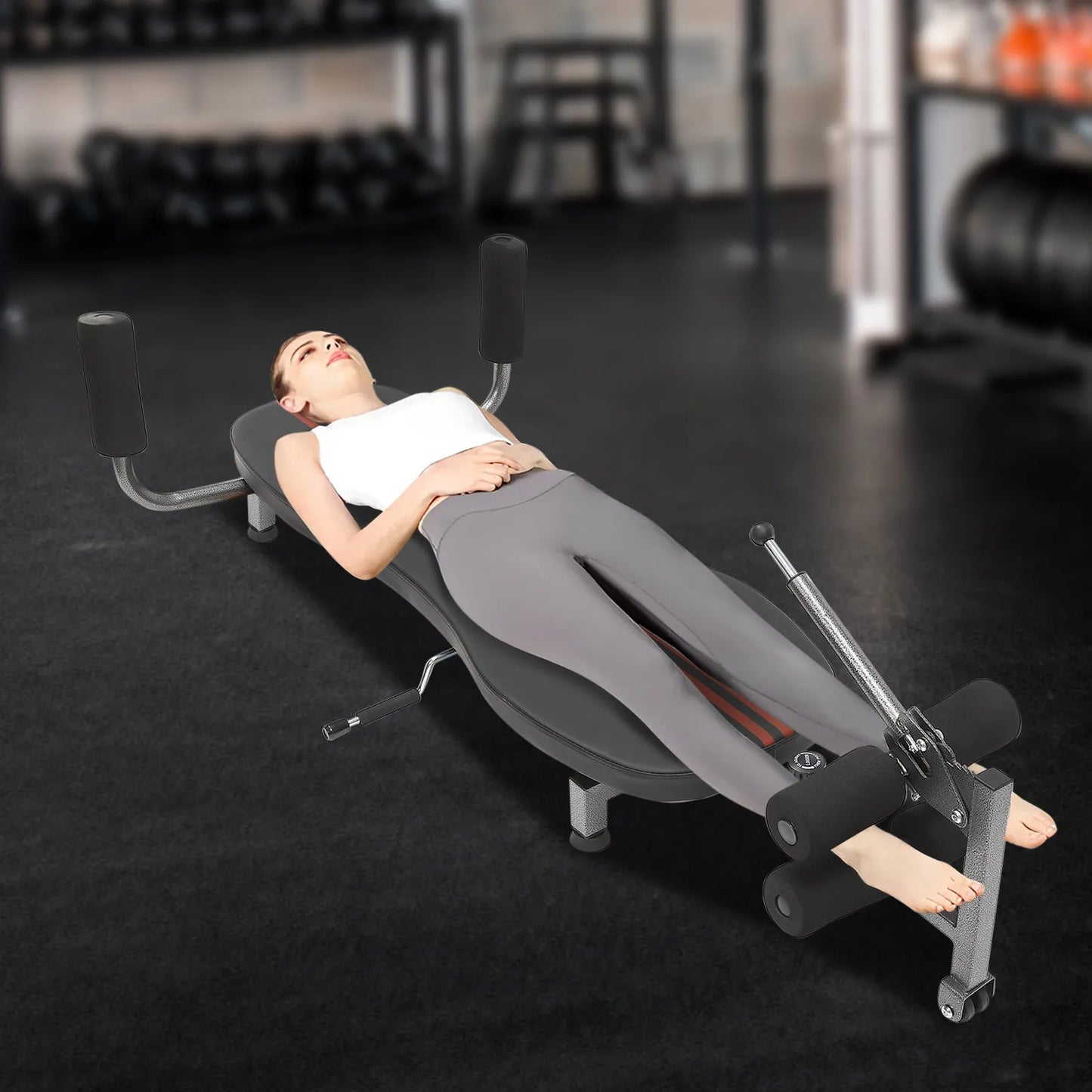 Table, Back Stretch Decompression Bench for Lumbar Spine Relief/Adjustable Length and Hand-Crank Stretching Supports Up