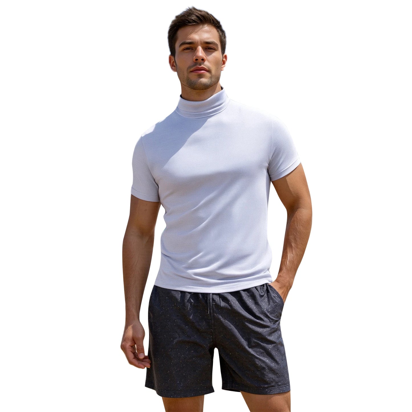 Men s Casual Short Sleeve T-Shirt Fit Solid Color High Neck Summer/Basic Tee Simple Tops for Everyday Wear