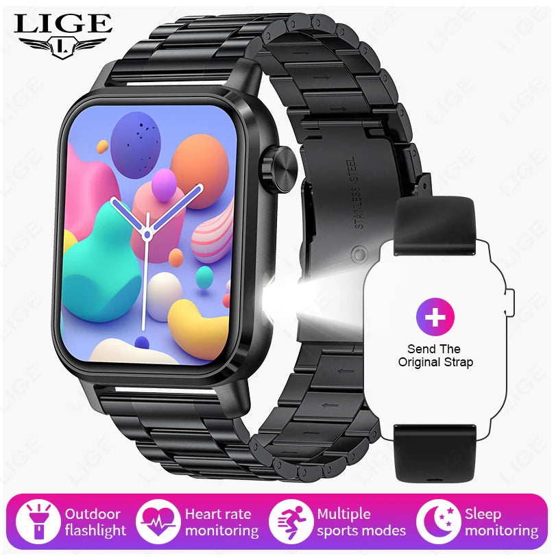LIGE New Smart Watch 1.85''HD Screen Men Watches 3D Dial Bluetooth Call/Sport Fitness Tracker Men Smartwatch With LED Flashlight