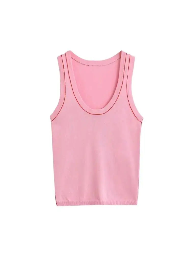 Women's Sleeveless Knit Tank Tops V Neck/Contrast Trims Female Vest Fashion