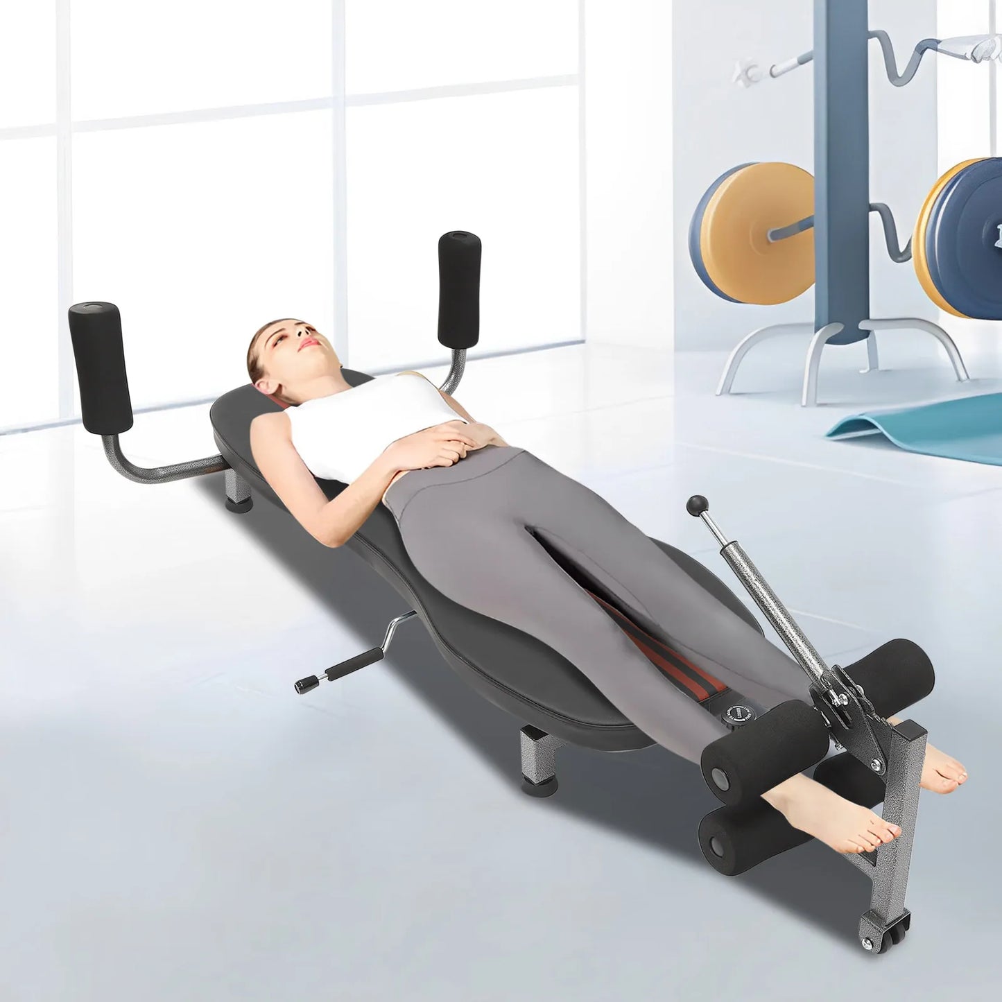 Table, Back Stretch Decompression Bench for Lumbar Spine Relief/Adjustable Length and Hand-Crank Stretching Supports Up