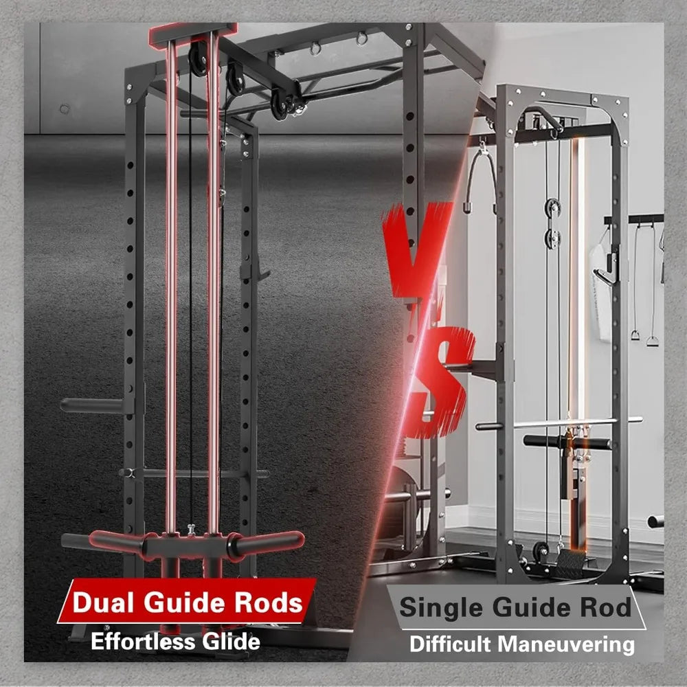 All-in-One Squat Rack, Multi-Function 1000 LBS Capacity Power Cage/with LAT Pulldown, Pulley System, Dip Bar, Fitness Equipment