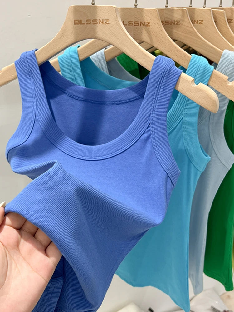 zjaiss Women Solid Round Neck Ribbed Tank Top Camisole Women/Summer Basic Elastic Tank Top O Neck Solid Tank Top
