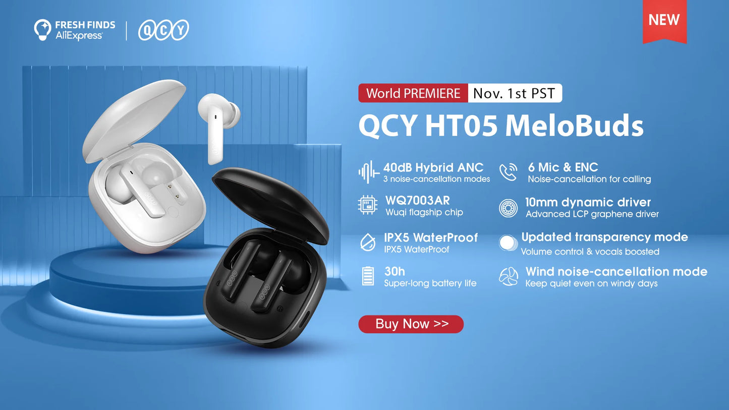 QCY HT05 ANC Wireless Earphones 40dB Active Noise Cancelling Bluetooth/5.2 Headphones 6 Mic ENC HD Call Headset TWS Earbuds