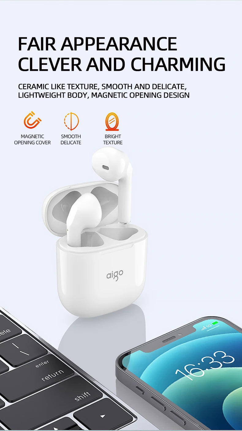 Aigo T18 Earphones Bluetooth 5.3 TWS Wireless Earbuds Stereo/Sports Headphones Dual HD Microphone Gaming Headset