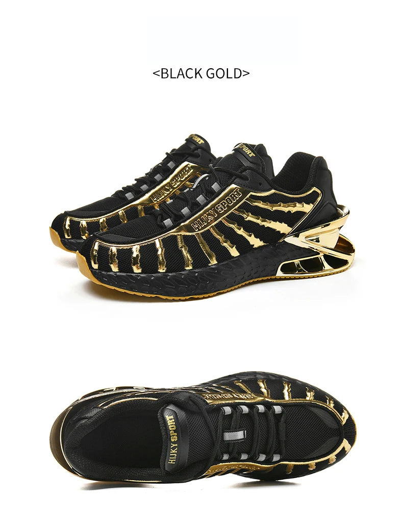 Men's air cushioned road running shoes, breathable weaving lightweight/and fashionable walking sports shoes, gold and silver