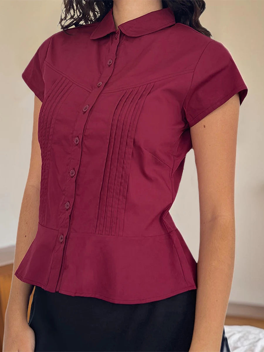 Women s Casual V-Neck T-Shirt Loose Fit Short Sleeve Solid Color/Button Down Pleated Blouse Summer Tops for Ladies