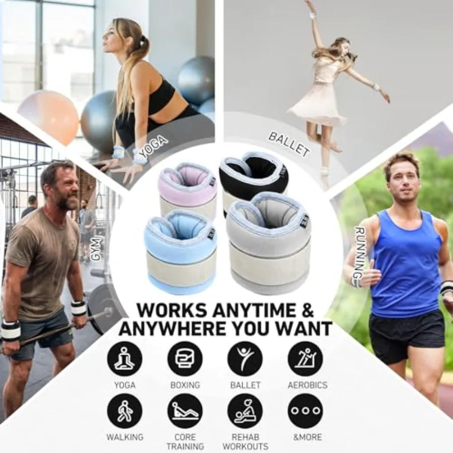 Ankle weights set for gym yoga fitness workout walking jogging running/neoprene fabric black adjustable 2/3/4/6 lbs per pair