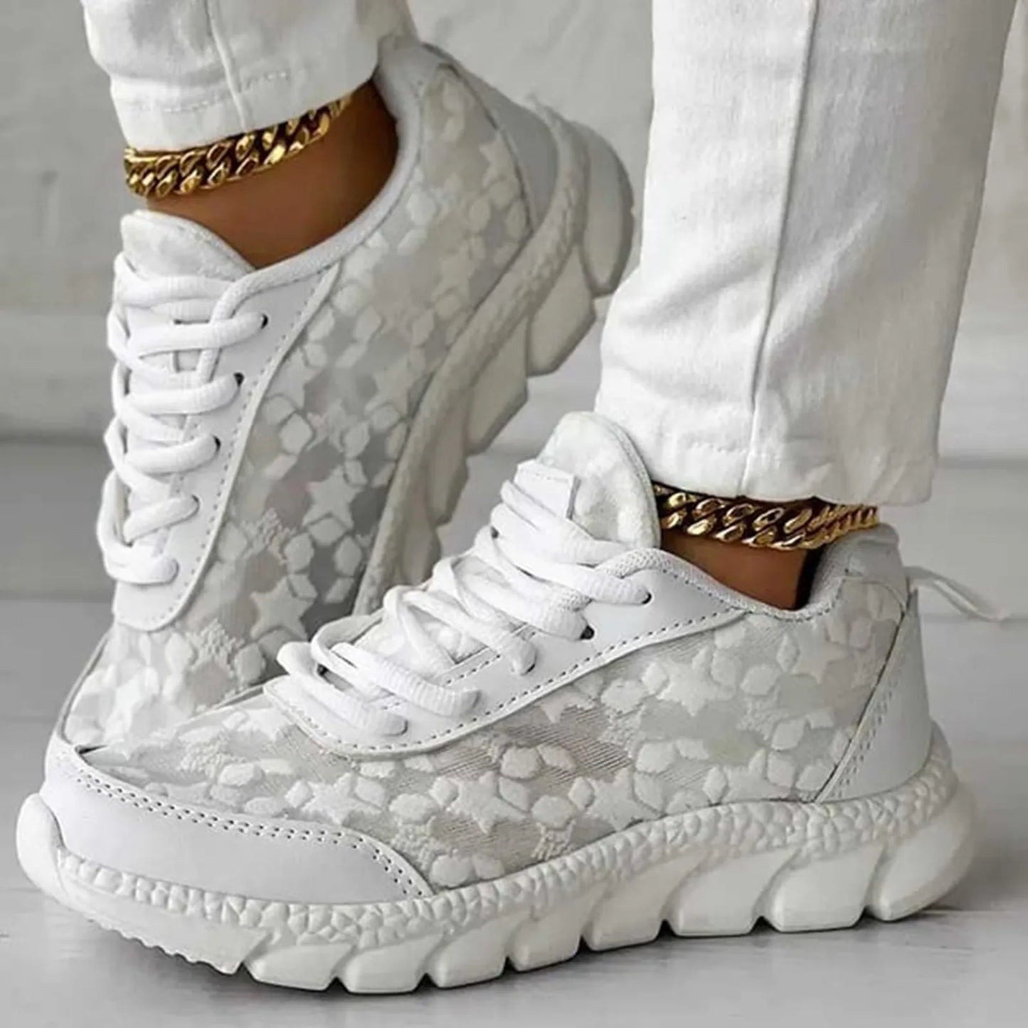 Women's Fashion Vulcanized Sneakers Breathable Mesh Leather/Patchwork Platform Shoes Color Matching Lace Up Running Shoes