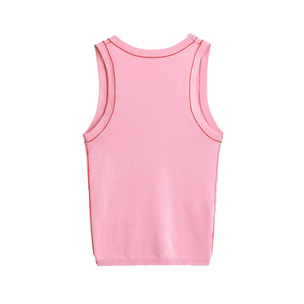 Women's Sleeveless Knit Tank Tops V Neck/Contrast Trims Female Vest Fashion