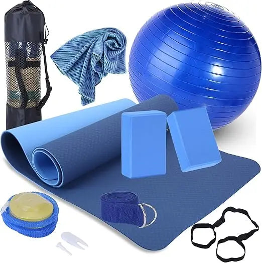 Yoga Starter Kit - 11-Piece Set with Yoga Blocks/Strap Ball, Mat, Carrying Strap, Net Bag, Cooling Towel