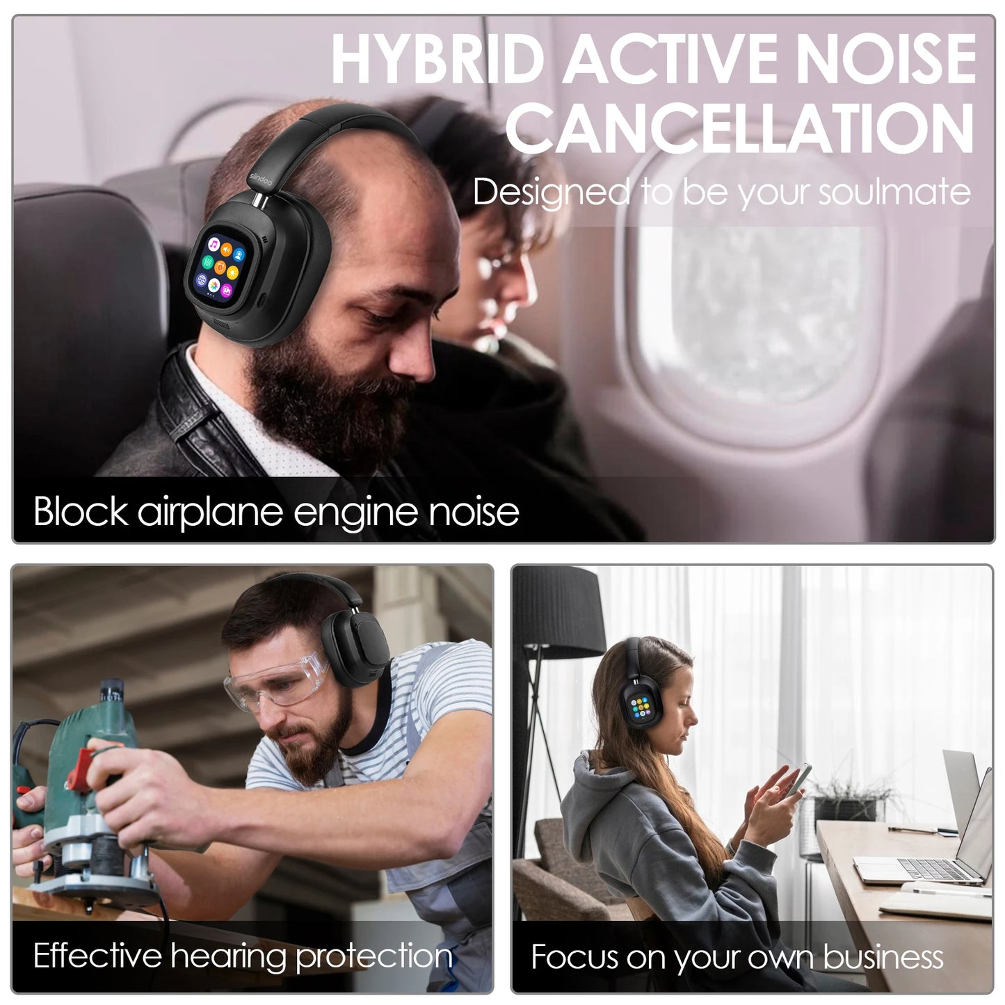 Siindoo JH-ANC930Plus Hybrid Wireless Headphone Active Noise Cancelling Headphones/With Multi Magnetic Touch Control LED Screen