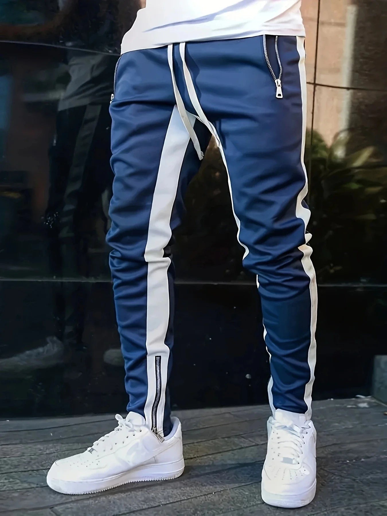 Men Sweatpants Jogging Pants Men Casual Pants Men Stylish Color Block/Zip Pockets Drawstring Sports Skinny Pants Trousers Pants