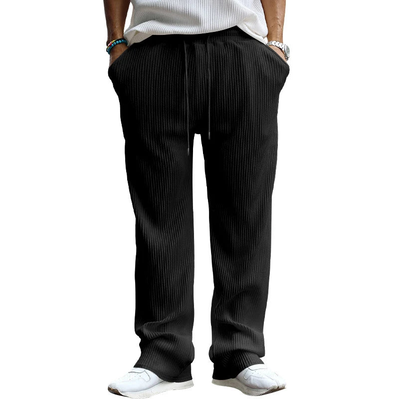 Men s Elastic Waist Trousers High Waist Loose Fit/Tapered Leg Casual Solid Color Corduroy Pants with Pockets