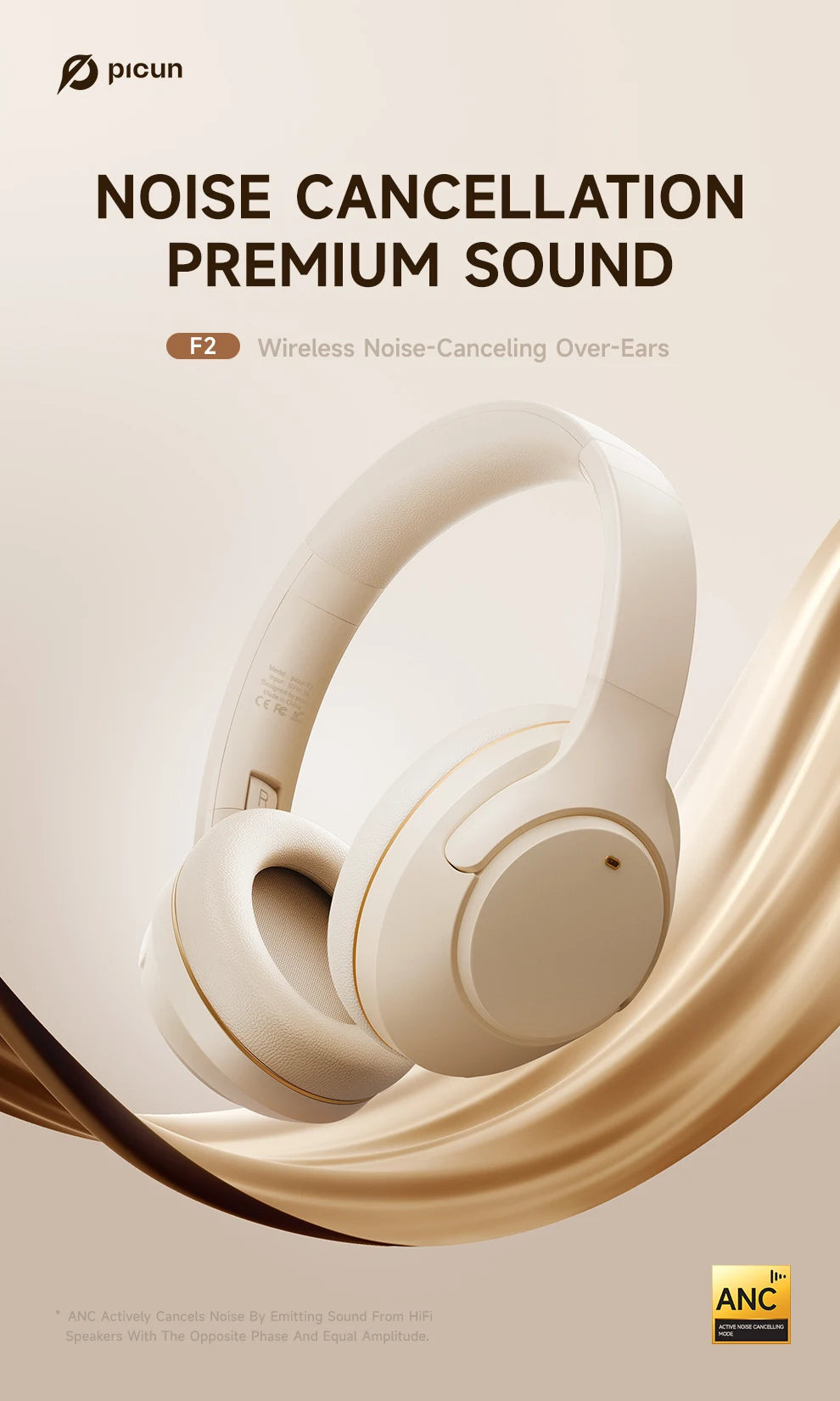 Picun F2 ANC Bluetooth Headphones Noise Canceling HD Mic/ENC Calls 25ms Low Latency Wireless Headset HIFI Sound