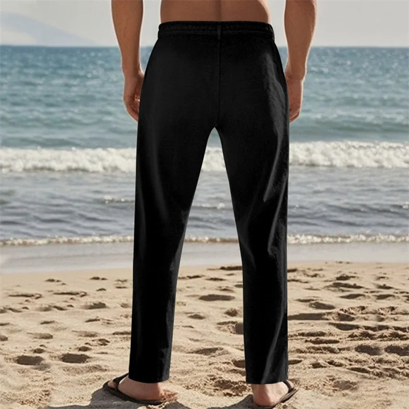 Men s Lightweight Drawstring Linen Pants with Pockets Comfortable/Straight Leg Casual Trousers for Summer Beach Wear